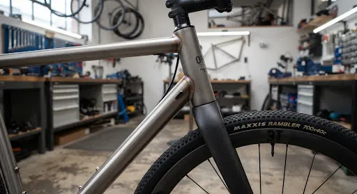 Titanium gravel bike in a workshop